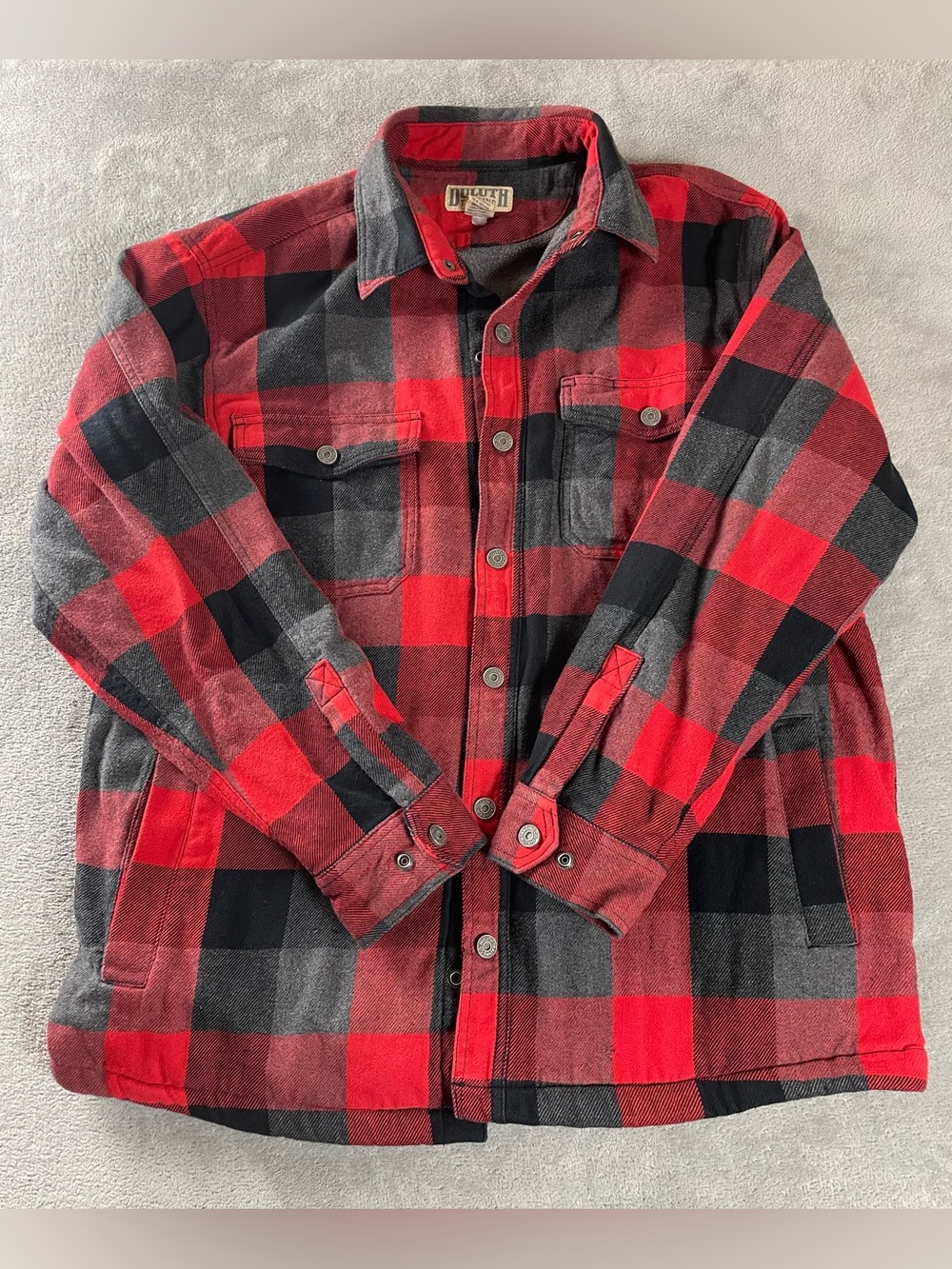 Duluth Shacket Flannel Shirt Men L Loose (XL) Red Plaid Fleece Lined Snap Button